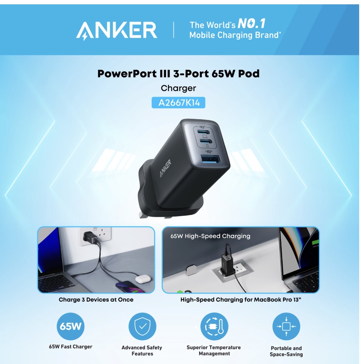 Anker PowerPort III 3-Port 65W Pod – Black